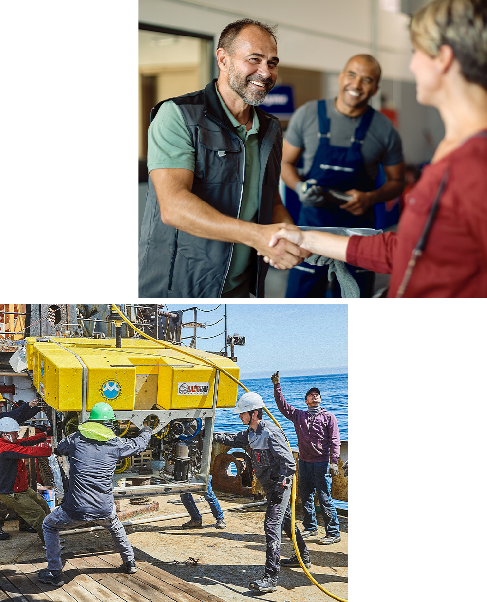 Due scene in un'unica immagine: un uomo e una donna si stringono la mano sul luogo di lavoro, mentre sotto tecnici muovono un ROV per la manutenzione.