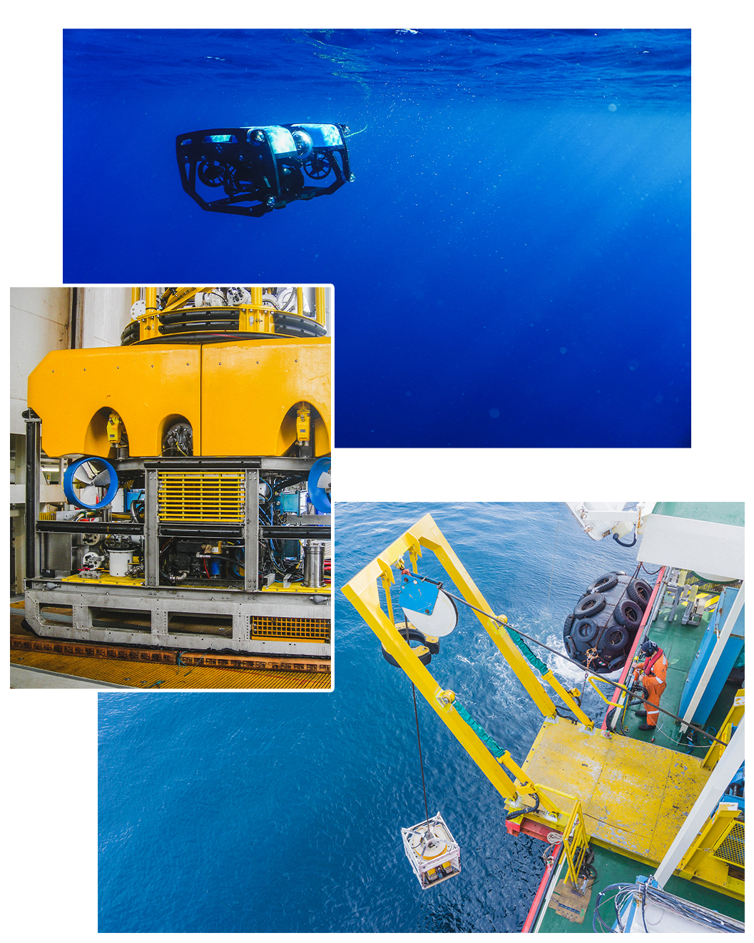 In alto, un BlueROV2 in acqua; al centro, un particolare di un grande ROV giallo; in basso, un ROV calato in acqua tramite un sistema di lancio e recupero (LARS).