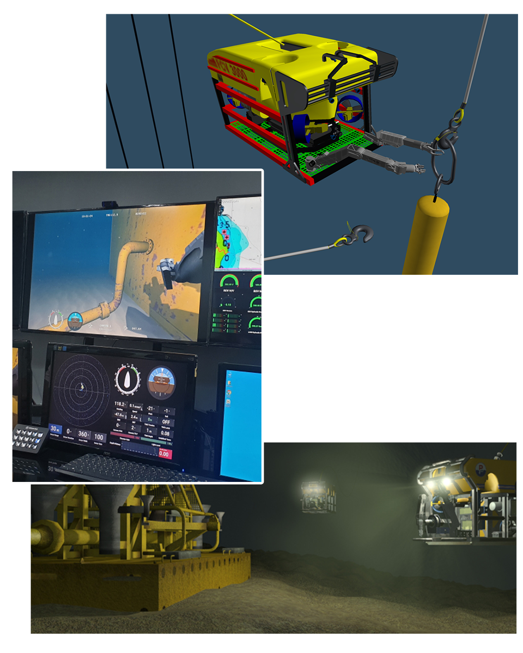 In alto, simulazione di un ROV in azione; al centro, monitor che mostrano la simulazione di un sistema ROV; in basso, due ROV simulati al lavoro in un sito oil & gas.